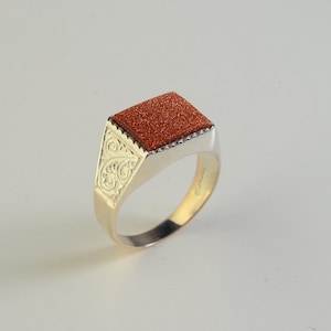 Stunning 9K White Gold or Sterling Silver Goldstone Signet Ring with Milled Edge and Carved Shoulders, Mens Ring - Can be Customized