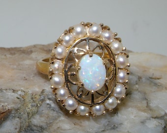 9K Yellow Gold Opal and Pearl Cluster Ring | Victorian Inspired | Cluster Flower Ring | Australian Opal, Freshwater Pearls