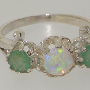 925 Sterling Silver Natural Opal & Emerald Vicltorian Style Ring, Unique 3 Stone Trilogy Prong Ring - Made in England -Customizable