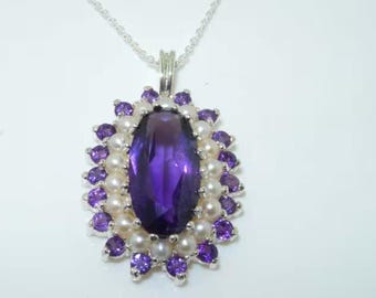 Eleganter großer Anhänger, natürlicher Amethyst und Süßwasserperle 925 Massiv Sterling Silber 3-Tier-Cluster-Blumen-Anhänger Halskette - Made in England