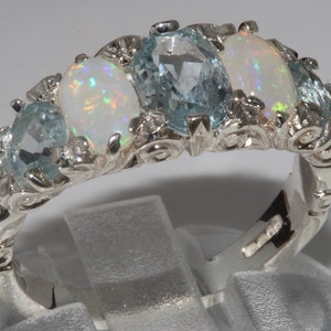 Stunning Ornate 10K White Gold Natural Aquamarine & Opal Five Stone Ring, Victorian Inspired Design - Customizable