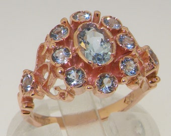 14K Rose Gold Aquamarine Ring | Natural Aquamarine AAA Quality | Rosette Flower Cluster Ring | Antique Inspired | Vintage Inspired Design