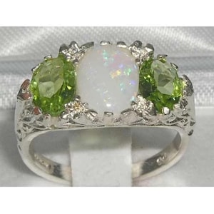Stor naturlig färgglad opal och peridot 925 sterlingsilver antik art nouveau déco-ring, engelsk vintage rulldesign