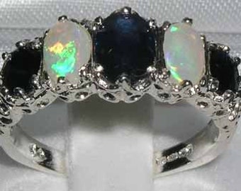High Quality Solid 925 Sterling Silver Natural Blue Sapphire & Australian Opal Victorian Inspired Ornate Ring -Made in England- Customizable