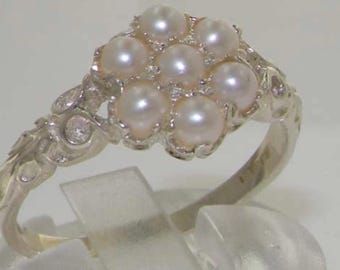 Luxurious Solid 925 Sterling Silver Natural Freshwater Pearl Daisy Flower Cluster Ring - Made in England - Customize:9K,14K,18K Gold