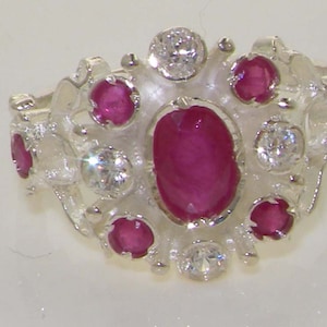 English 14K White Gold Natural Ruby & Diamond Unique Rosette Flower Cluster Pave Ring - Antique Style - Customizable