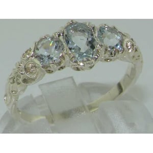 English 925 Sterling Silver Natural Aquamarine Anniversary Ring, Vintage Style 3 Stone Trilogy Band - Customize:9K,14K,18K Gold