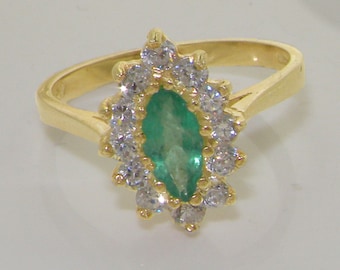 9 kt geelgouden kostbare diamant en marquise natuurlijke smaragd verlovingsring, Engelse vintage design cluster bloemenring - aanpasbaar