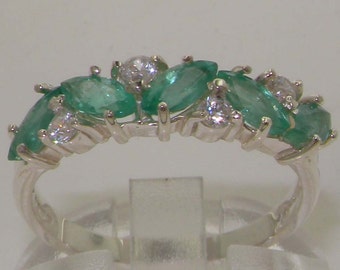 10k White Gold Marquise Cut Natural Emerald & Diamond Womens  Eternity Ring - Customizable 9K,10K,14K,18K Yellow, Rose or White Gold