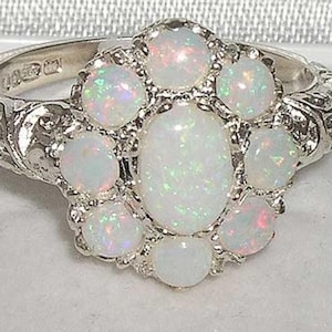 Sterling Silver Natural Opal Cluster Flower Ring | Victorian Inspired Cluster Ring | Silver Flower Ring