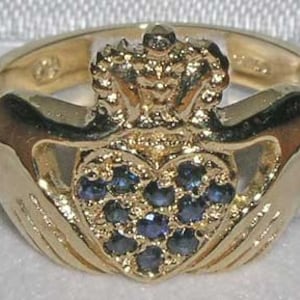 Gold Irish Claddagh Ring | 9K Yellow Gold Sapphire Claddagh Ring | Crown Ring | Irish Claddagh Ring | Customize: 14k,18k