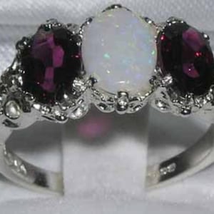 English 925 Sterling Silver Natural Colorful Opal & Rhodolite Garnet English Antique Style Carved Ring, Prong Setting 3 Stone Trilogy Ring