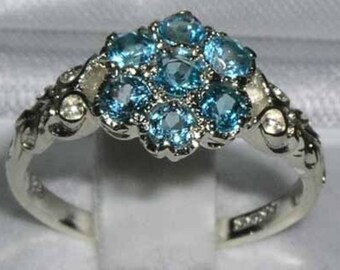 Small Flower Ring, 9K Solid White Gold Natural Blue Topaz Cluster Daisy Pave Ring, 7 Stone Carved Ring - Made in England - Customizable