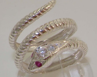 Fabelhafter Englischer Solid 9K Weißgold Natürlicher Rubin & Zirkonia Schlangenbandwickelring - Individuell einstellbar