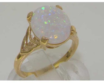 English Elegant 9K Yellow Gold Large 2ct Colorful Opal Solitaire Ring, Statement Ring - Made in England -Customize: 14K, 18K Gold