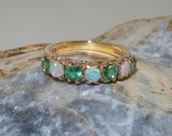 9K Yellow Gold Half Eternity Opal and Emerald Seven Stone Anniversary Ring | Natural Australian Opal & Emerald Gold Ring