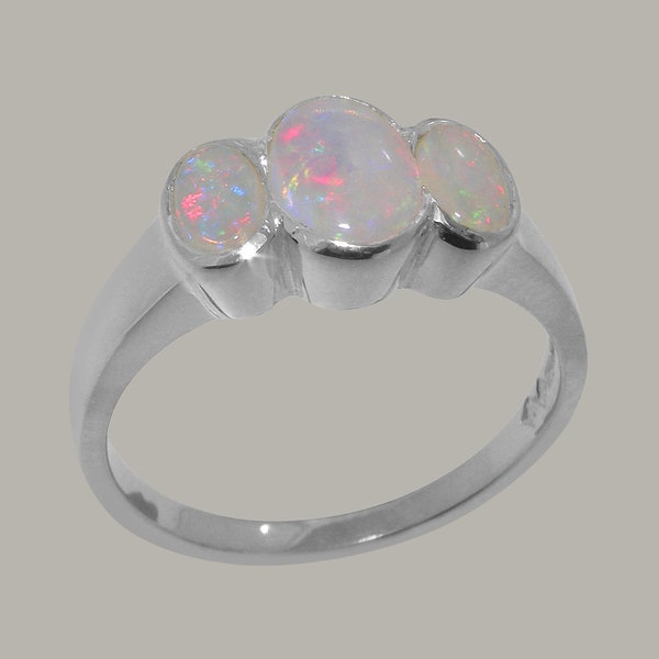 Solid 925 Sterling Silver Natural Opal Womens Trilogy Ring - Customizable 9K,10K,14K,18K, Yellow, Rose or White Gold or Platinum