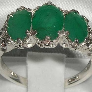 925 Sterling Silver 3ct Natural Emerald English Large Antique Style Carved Ring, 3 Stone Trilogy Anniversary Ring - Made in England