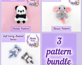 3-Pattern Bundle: Mouse, Cat and Panda. Amigurumi Crochet Pattern PDF | Small Plush Toy | English Pattern | Instant Download