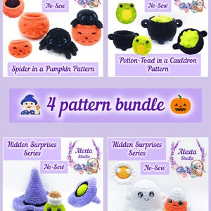 May include: A 4 pattern bundle featuring crochet designs from the Hidden Surprises Series by Alexta Studio. Includes a spider in a pumpkin, a potion-toad in a cauldron, a potion in a witch hat, and candy corn in a ghost. All are no-sew projects.