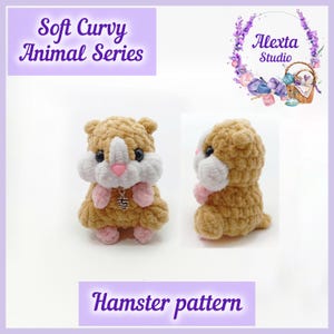 May include: A handmade crochet hamster toy in tan, white, and pink. The soft toy features black eyes, a pink nose, and pink paws. The image includes the text "Soft Curvy Animal Series" and "Hamster pattern".