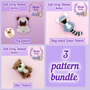 3-mönsterpaket: Mops, utter och ringstjärtslemur. Amigurumi-virkmönster PDF | Liten plyschleksak | Engelskt mönster | Direkt nedladdning