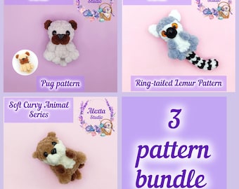 3-Pattern Bundle: Pug, Otter and Ring-tailed Lemur. Amigurumi Crochet Pattern PDF | Small Plush Toy | English Pattern | Instant Download