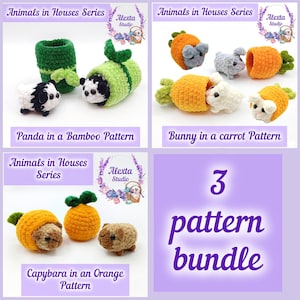 May include: A crochet pattern bundle titled Animals in Houses Series by Alexta Studio. It includes instructions for a panda in bamboo, a bunny in a carrot, and a capybara in an orange. The images show small, plush, handmade animal figures.