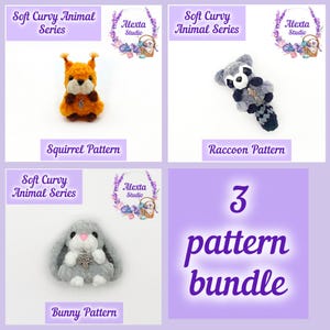 May include: A collection of three soft, curvy animal crochet patterns: a squirrel, a raccoon, and a bunny. The squirrel is orange and brown, the raccoon is gray and black, and the bunny is gray with a white chest. The text reads "3 pattern bundle."