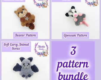 3-Pattern Bundle: Beaver, Bat and Opossum. Amigurumi Crochet Pattern PDF | Small Plush Toy | English Pattern | Instant Download