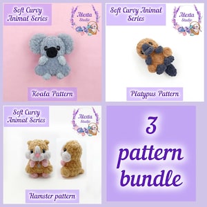 May include: A bundle of three crochet animal patterns: a koala, a platypus, and a hamster. The koala is gray with black accents, the platypus is brown and blue, and the hamster is tan and pink. The text reads "Soft Curvy Animal Series" and "3 pattern bundle."