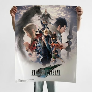 Puede incluir: Un póster vertical que presenta una ilustración gráfica de Final Fantasy VII con varios personajes, incluidos Cloud Strife y Sephiroth, sobre un fondo de cielo nublado. El texto Final Fantasy VII está impreso en negro en la parte inferior.
