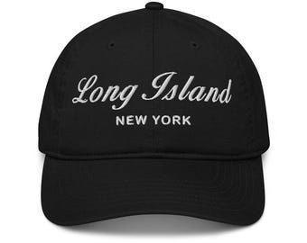 Cappellino da baseball ricamato di Long Island, New York, stile "dad hat", unisex, nero.