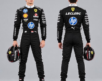 May include: A black racing suit featuring white side stripes, a high collar, and numerous sponsor logos including HP, Shell, and UniCredit. The front displays the number 16 and a Monaco flag, while the back features the name LECLERC.