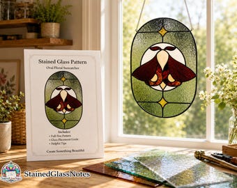 Oval Floral Stained Glass Suncatcher Pattern, Vintage Flower Glass Art (PDF Download)