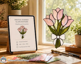 Tulip Bouquet Stained Glass Pattern PDF, Digital Suncatcher Template, DIY Glass Art, Instant Download