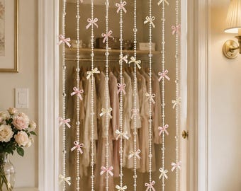 Beaded Curtain with Crystal Butterflies and Pastel Bows, Girly Room Decor