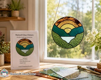 Circular Mountain Sunset Suncatcher Stained Glass Pattern (PDF, SVG, PNG)