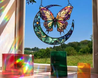 Moon Butterfly Acrylic Hanging Ornament, Stained Glass Style Window Suncatcher, Home Wall Decor Gift