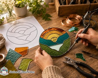 Circular Mountain Sunset Suncatcher Stained Glass Pattern (PDF, SVG, PNG)