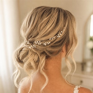 Può includere: Capelli biondi raccolti in uno chignon, adornati da una delicata ghirlanda dorata per capelli con piccole perle bianche. L'accessorio per capelli aggiunge eleganza all'acconciatura, ideale per matrimoni.