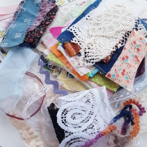 Fabric, trim and lace pack for junk journals, 3 oz, mixed fabric scrap pack, junk journal supplies, scraps for clusters and embellishments