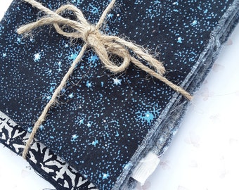 Fabric remnants, galaxy fabrics, galactic fabric, night sky fabrics, black and silver fabric, fabric scraps