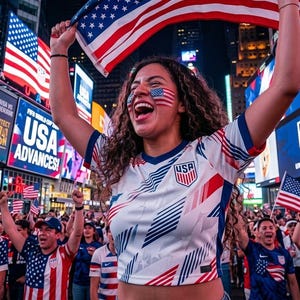May include: A white short-sleeved jersey with red and blue diagonal stripes and a USA crest on the chest. The jersey features a V-neck collar and is worn by a person holding a large American flag above their head in a crowded city square.