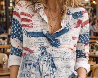 4th of July Linen Shirt Women, Patriotic Eagle Button Down Blouse, Vintage American Flag Clothing, Memorial Day Outfit