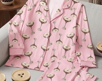 Espresso Martini Silk Satin Pajama Set – Pastel Pink Short Set & Long Set