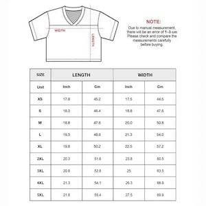 May include: A size chart for a V-neck t-shirt featuring a line drawing of the garment with width and length indicators. A table lists sizes from XS to 5XL with corresponding measurements in inches and centimeters, including a note about manual measurement.