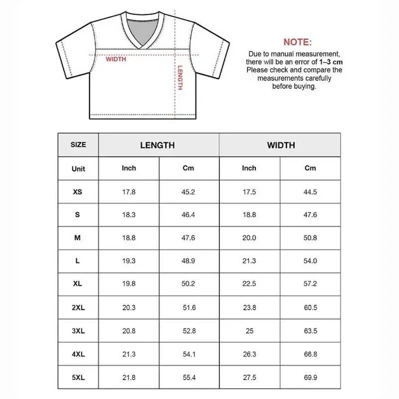 May include: A size chart for a V-neck t-shirt featuring a line drawing of the garment with width and length indicators. A table lists sizes from XS to 5XL with corresponding measurements in inches and centimeters, including a note about manual measurement.