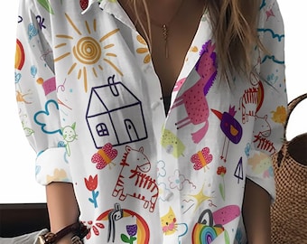 Colorful Cartoon Linen Shirt Women Cute Rainbow Sun Animal Print Button Down Whimsical Long Sleeve Blouse Casual Commute Festive Holiday Top