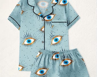 Women’s Evil Eye Pajamas Set, Cute Button Up Sleepwear, Soft Short Sleeve Loungewear, Blue Matching Pajama Shorts Set